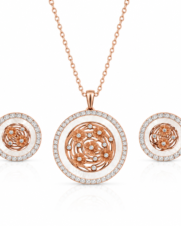 JAINIKA Floral Halo Pendant & Stud Set — styled view