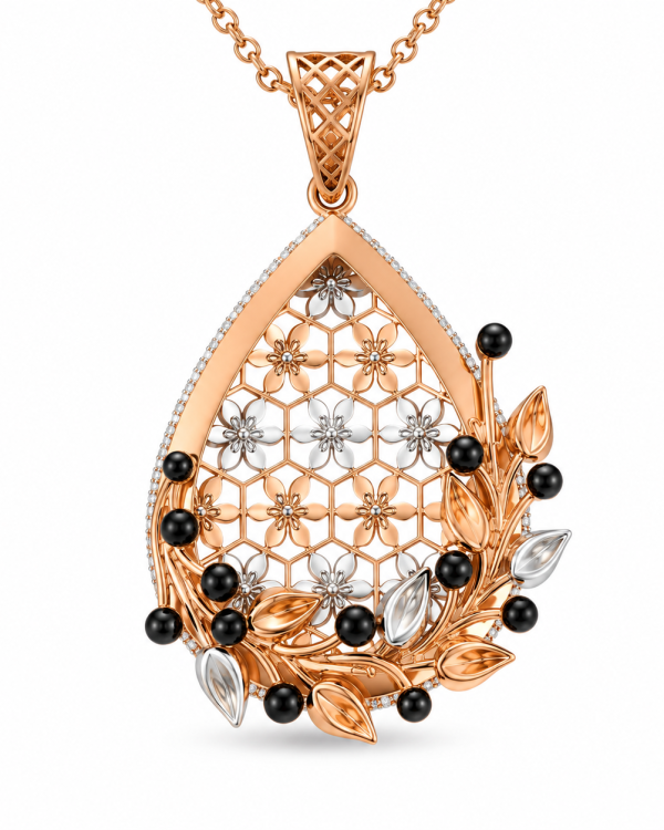 JAINIKA Noir Blossom Pendant Set — styled view