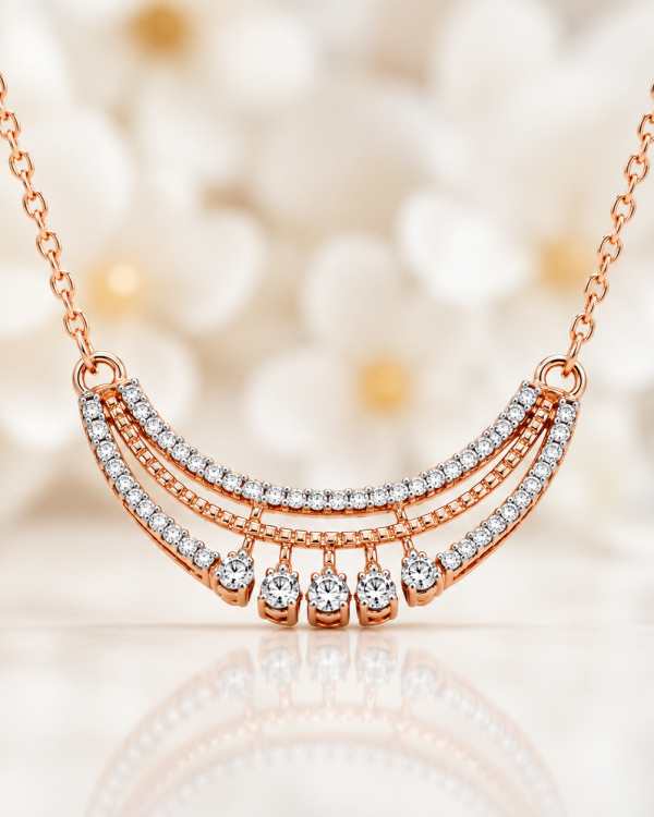 JAINIKA Celeste Curve Rose Gold Pendant Necklace — styled view