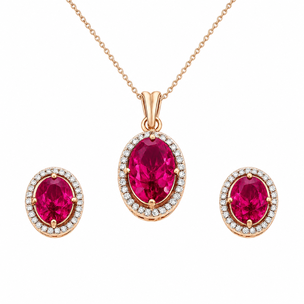 Celeste Ruby Halo Pendant & Stud Earrings Set — View 1