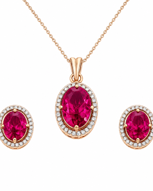 Celeste Ruby Halo Pendant & Stud Earrings Set