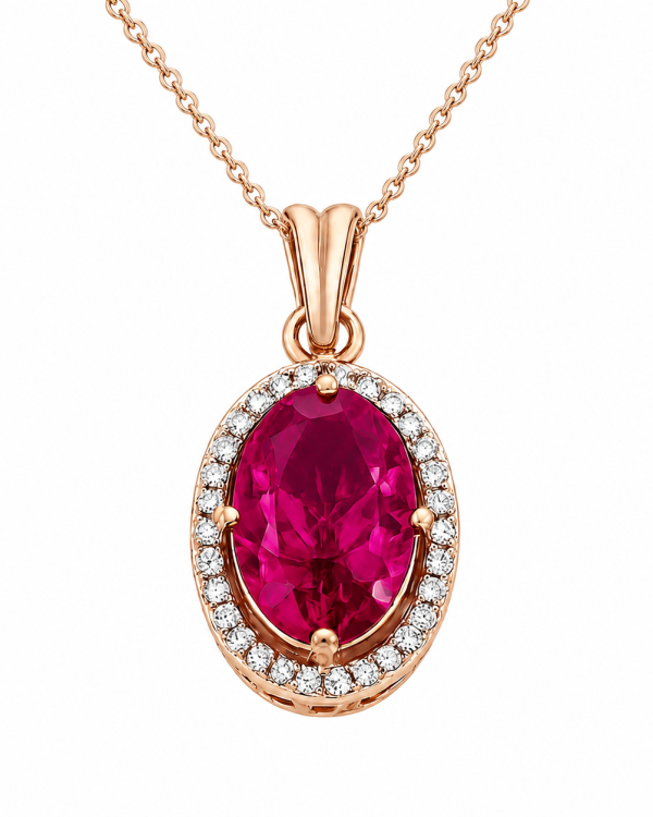 Celeste Ruby Halo Pendant & Stud Earrings Set — styled view