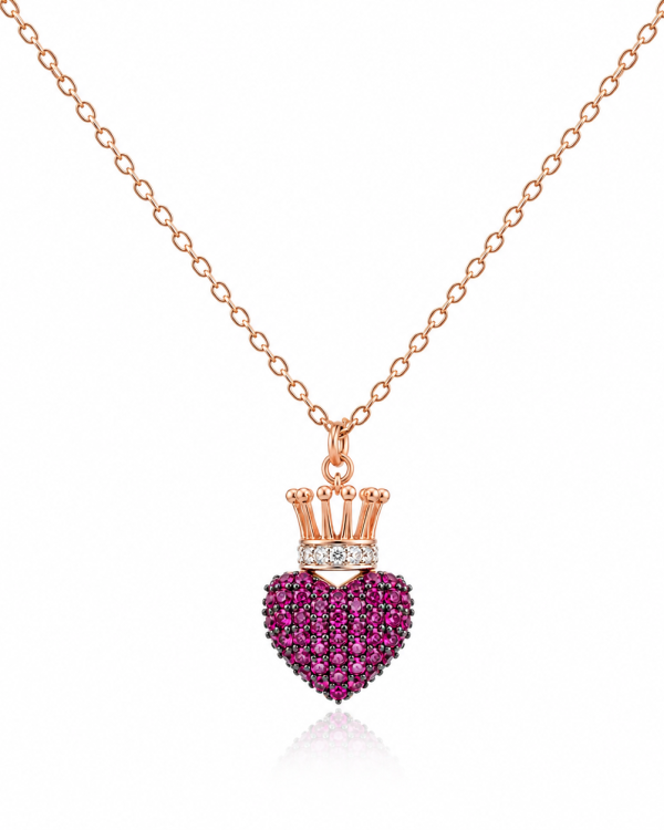 Regal Ruby Heart Crown Pendant Necklace