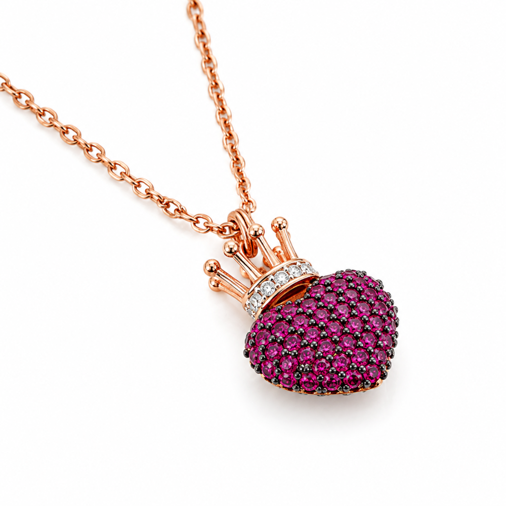 Regal Ruby Heart Crown Pendant Necklace — View 2